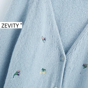 Zevity Nové ženy módní květinové výšivky cardigan pletené svetr ženy v krku dlouhý rukáv svetr vynosit elegantní topy S341