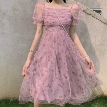 Japonské Sladké Roztomilé Gothic Lolita Šaty Ženy Letní Elegantní Růžové Síťoviny Květinovým Potiskem Víla Princezna Šaty Dívky Cosplay Kostýmy