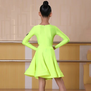 Nové Neon Green Latin Dance Šaty Dívky Taneční Trikot+Sukně Rumba Šaty Praxe Nosit Soutěže Kostým latinské Šaty BL2531