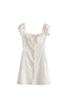 2020 Nový Francouzský Vintage Víla Úlevu Výšivka Off Rameno Bílé Bavlněné Šaty Nad Kolena Sexy Jediný Breasted Šaty Ženy