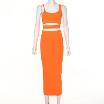 ANJAMANOR Sexy dvoudílný Set Sukně Neon Oranžová Zelená Bodycon Obvaz, 2 Ks Club Oblečení pro Ženy Odpovídající Sady D83-AA21