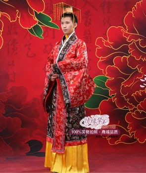 Doprava zdarma červené Čínské Starobylé Muž Oblečení Císaře Princ Show Roucho Cosplay Kostým Čínský Lidový Tanec Jedna Velikost