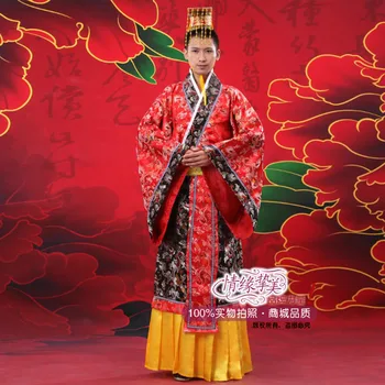 Doprava zdarma červené Čínské Starobylé Muž Oblečení Císaře Princ Show Roucho Cosplay Kostým Čínský Lidový Tanec Jedna Velikost