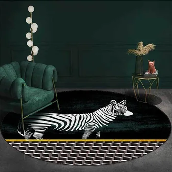 Módní Tmavě Zelený Koberec Zebra Geometrické Mozaiky Vzor, Kulatý Koberec Pro Obývací Pokoj Zvířat Tištěné Konferenční Stolek, Koberec Kruh