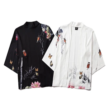Bebovizi Čínském Stylu Print Kimono Ženy Ležérní Svetr Yukata Japonské Harajuku Street Male Černý Tradice Asijské Oblečení