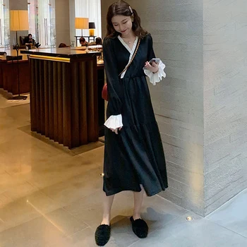 Francouzské Krajkové Plný Rukáv Dlouhé Pohádkové Šaty V-neck Černé Ženy Slim Midi Šaty Podzim jednodílné Svatební Party Jižní Korea Oblečení