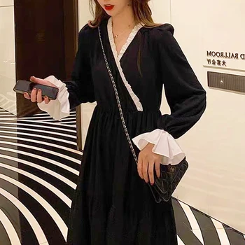 Francouzské Krajkové Plný Rukáv Dlouhé Pohádkové Šaty V-neck Černé Ženy Slim Midi Šaty Podzim jednodílné Svatební Party Jižní Korea Oblečení