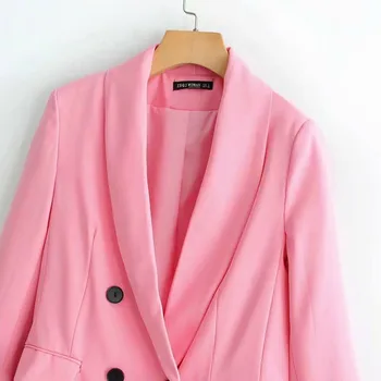 2019 Dámské Elegantní Růžové Sako a Bunda Kapsy Dvojí Breasted Dlouhý Rukáv Office Nosit Kabát Solid Ženy Ležérní Oblečení, Topy
