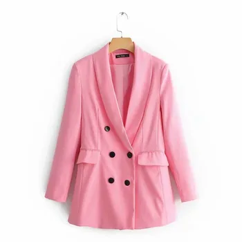 2019 Dámské Elegantní Růžové Sako a Bunda Kapsy Dvojí Breasted Dlouhý Rukáv Office Nosit Kabát Solid Ženy Ležérní Oblečení, Topy