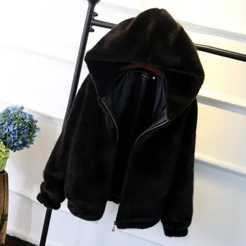 Kabát z ovčí kůže 2020 dámská Zimní Korean Krátké Ženské Teplo Uvolněné Plyš s Kapucí Tlustý Kabát Bunda Kabát Umělé Kožešiny