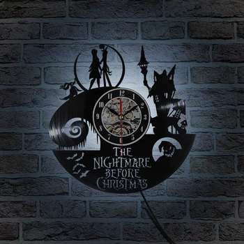 Vinyl LED Nástěnné Hodiny The Nightmare before Christmas Theme CD Záznam Clock 3D Jack a Sally Film Visí Hodiny Starožitné Hodiny