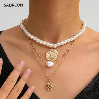 Salircon Multi Layer Velké Mince Květina Přívěsek Náhrdelník Pro Ženy Muži Punk Imitace Pearl Korálkový Náhrdelník Náhrdelník Šperky