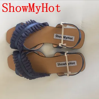 ShowMyHot Letní Lady modré plátěné Sandály Ženy design ploché Kotník Popruh Konopí Třtiny střapec Sandály zapatos mujer Boty