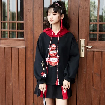 Černý Fleece S Kapucí Mikina Harajuku Čínské Výšivky Oversize Svetr Mikiny Ženy 2020 Sladký Zimní Styl Ženy Top
