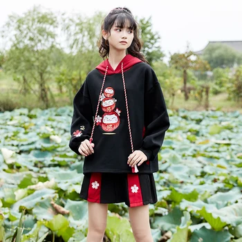 Černý Fleece S Kapucí Mikina Harajuku Čínské Výšivky Oversize Svetr Mikiny Ženy 2020 Sladký Zimní Styl Ženy Top