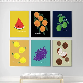 Ovoce Kuchyně Plakát Vinobraní Plakát Karikatura Tisk Na Plátno Orange Lemon Wall Art Jídlo Domů Dekorativní Obrázek Malířské Plátno