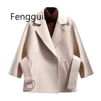 FENGGUILAI 2019 Nové Módní Černé Béžové Krátký Kabát Ženy Krátký Vlněný Kabát Pás Bunda Zimní Jarní Podzimní Kabát