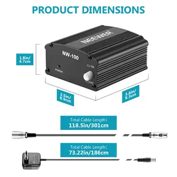 Neewer 1 - Kanálový 48V Phantom Napájení s Adaptérem/Audio Kabel pro Kondenzátorový Mikrofon, Hudební Nahrávací Zařízení(8 nohou)