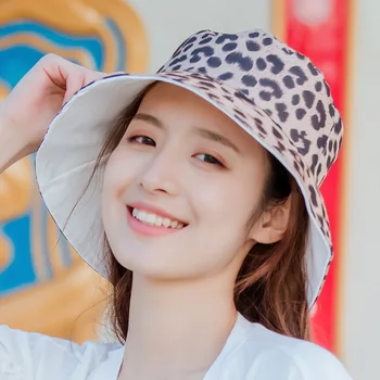 2019 dvě boční Dvojité diskety Sluneční klobouk pro ženy Leopard Reverzibilní kbelík klobouk přímořské Dovolené čepice letní dámy korejský plážový klobouk
