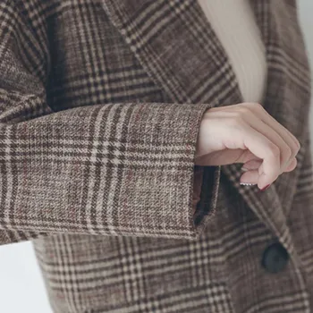 Kostkované Vlněné Směsi Vintage dámská Bunda Kabát Volné Dlouhý Rukáv Korean Zimní Žena kabáty 2020 Kapsy Ležérní Módní Topy ženy