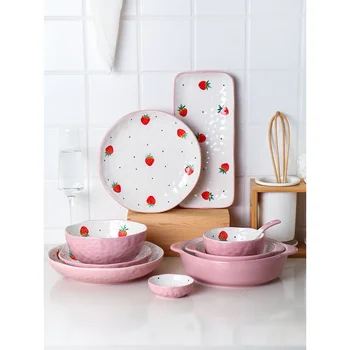 Keramické talíře roztomilá dívka jahoda vytištěno sada nádobí kuchyně nádobí a talíře, sady ins příbory nádobí