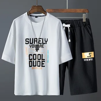 Tepláková souprava Muži Letní Pánské-Krátký rukáv T-shirt 2 Ks Sad Módní korejské Streetwear Tisk 2020 Sportovní Šortky Ležérní Oblečení