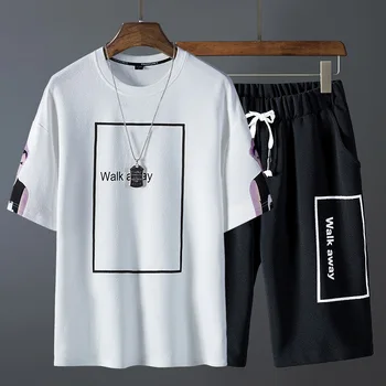 Tepláková souprava Muži Letní Pánské-Krátký rukáv T-shirt 2 Ks Sad Módní korejské Streetwear Tisk 2020 Sportovní Šortky Ležérní Oblečení