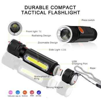 USB Oplaadbare Zaklamp Mini Kapesní Svítilna COB Světlo Boční Magneet 4 Režimy Zoomovatelný LED Zaklamp Waterdicht Tactische Zaklamp