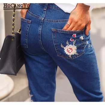 HCYO Ženy Vysoké Pasu Džíny Výšivky Slim Roztrhané Džíny pro Ženy Denim Kalhoty Tmavě Modré Dámské Kalhoty, Džíny Ležérní Skinny Jean