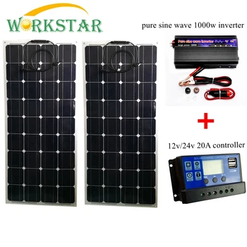WORKSTAR 2*100W Flexibilní Solární Panely s 20A Regulátorem a 1000W Měnič 200W Solární Systém pro Začátečníky pro KARAVAN/člun