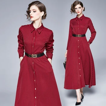 2019 šaty ženy nové podzimní módní přehlídky designer vintage dlouhé šaty A-Line křídla stripe red kanceláři Elegantní Dámy Šaty