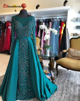 2020 Luxusní Mořská Panna Večerní Šaty Smaragdově Zelené Vlak Dlouhé Rukávy Navlékání Korálků Crystal Ruční Formální Party Šaty