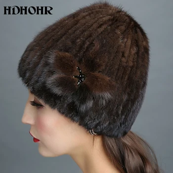 HDHOHR 2020 Nové Kožešinové Čepici Zimní Žen Originální Mink Fur Hat Květiny zdobí Pletené Kulichy Módní Dámské Kožešinové Čepice