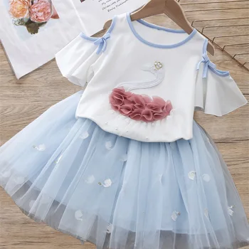 2020 Summer Dívčí Oblečení Sady Elegantní Princess Party Animal T-Shirt+Gradient Gázu Sukně 2KS Baby děti Děti Oblečení Set