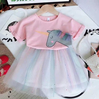 2020 Summer Dívčí Oblečení Sady Elegantní Princess Party Animal T-Shirt+Gradient Gázu Sukně 2KS Baby děti Děti Oblečení Set