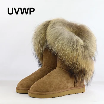 UVWP Kvalitní Pravé Kůže Ženy Kozačky Módní Velké Přírodní Fox Kožešiny Zimní Boty Teplé Mid Boty Dámské Boty