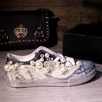 Na podzim nové Thajské módní boty trendy flitry pearl diamond špinavé plátno boty