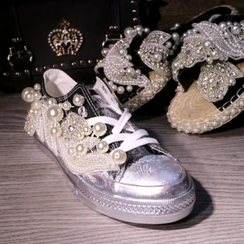 Na podzim nové Thajské módní boty trendy flitry pearl diamond špinavé plátno boty