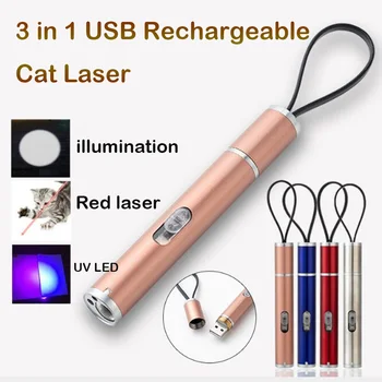 3 v 1 Kočka, Mazlíček, Hračka, Červená UV Svítilna Laserové Ukazovátko USB Dobíjecí Pero Světlo Super Mini Hliníkové UV Světlo, Pochodeň Lampa