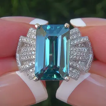 Velký Modrý Zirkon Kámen Stříbrná Barva Prsteny pro Ženy, Svatební Zásnubní Prsten Módní Šperky 2019 Nové S925 Sterling Silver Barva