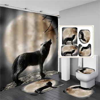 White Wolf Tištěné Sprchový Závěs Sada Vodotěsné Koupelna Dekor s Anti-slip Wc Víka Flanelové Kuchyně Rohož, Rohožka Koberec