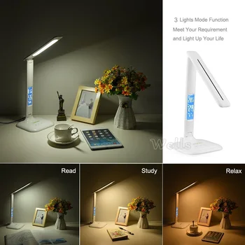 Led Stolní Lampa s LED displejem Stolní Lampa Přenosná LED lampa na čtení S Kalendářem Hodiny Flexibilní, Moderní kancelářské lampy Stmívatelné