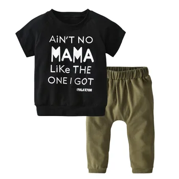 Hot prodej Letní Baby Boy Oblečení 2ks Set Novorozence Oblečení Krátký rukáv Topy Dopis+Armádní Zelená Kalhoty Batole Oblečení