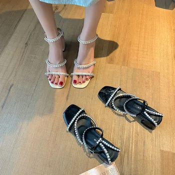 Ženy Sandály Žena Boty Pearl Náměstí Podpatky Dámy Gladiator Sandály Ženy Černé Sandály Značky Pu Kůže Zapatos De Mujer Nové