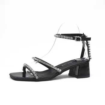 Ženy Sandály Žena Boty Pearl Náměstí Podpatky Dámy Gladiator Sandály Ženy Černé Sandály Značky Pu Kůže Zapatos De Mujer Nové