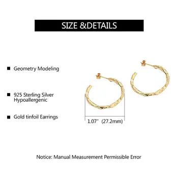 E Šperky 925 Sterling Silver Gold Nepravidelné C Hoop Náušnice pro Ženy Jednoduché Geometrické korejské Prohlášení Osobnosti Náušnice