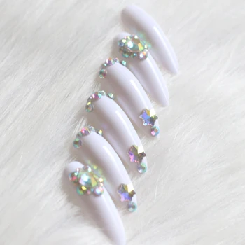 24ks super dlouhé špičaté oválné luxusní art salon falešné nehty crystal diamond vločka