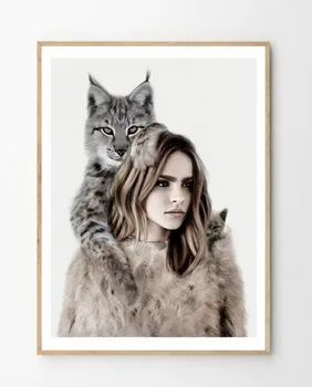 Kočky a Jelena s Ženou Wall Art Malířské Plátno Nordic Plakáty Péče o zvířata, Nástěnné Obrázky Pro Obývací Pokoj Nerámováno