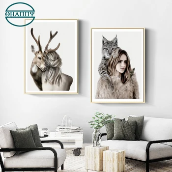 Kočky a Jelena s Ženou Wall Art Malířské Plátno Nordic Plakáty Péče o zvířata, Nástěnné Obrázky Pro Obývací Pokoj Nerámováno