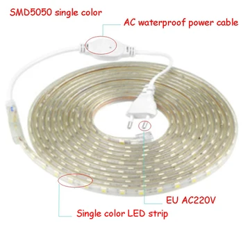 220 V, LED Strip Light EU Plug AC 220V SMD 5050 LED Pás Bílá Venkovní Vodotěsný LED pásek 1m 2m 10m 20m 30m 100m